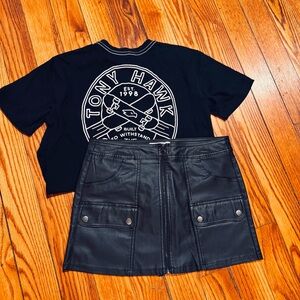 Tony Hawk Black Graphic Short Sleeve Tee and Faux Leather Skirt
